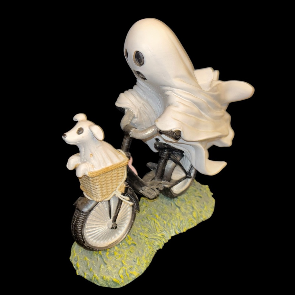 Adorable Ghost Riding a Bike with Dog in Bicycle Basket Halloween Decor Figurine